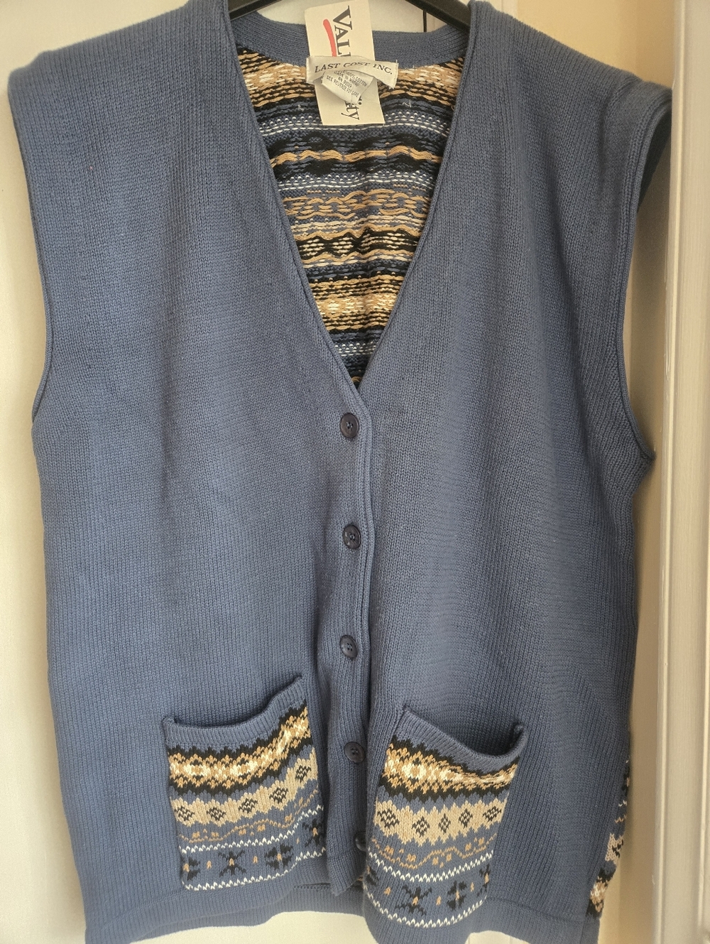 Last Cost Inc. Blue Button-Front Knit Vest with Patterned Pockets. 100% Cotton.